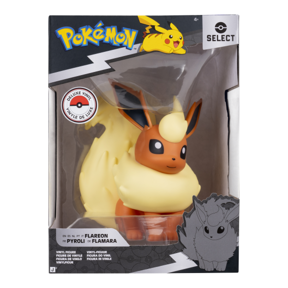 Pokémon Select Flareon vinyl figure in its original window box packaging, featuring a yellow and orange Flareon with a gray shadow effect printed on the lower right of the box.