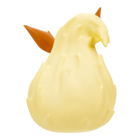 A pale yellow, pear-shaped toy figure resembling a stylized creature or egg with small orange horns, isolated on a white background.