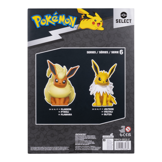 Pokémon Select Series 6 figure box back showing two Eevee variants: Flareon and Jolteon, with the Pokémon logo and Select branding on a dark gray package.