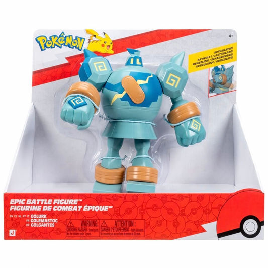 Pokémon Epic Battle Figure toy in its original retail packaging, featuring a blue and teal robot character with gold accents on a white and red box.