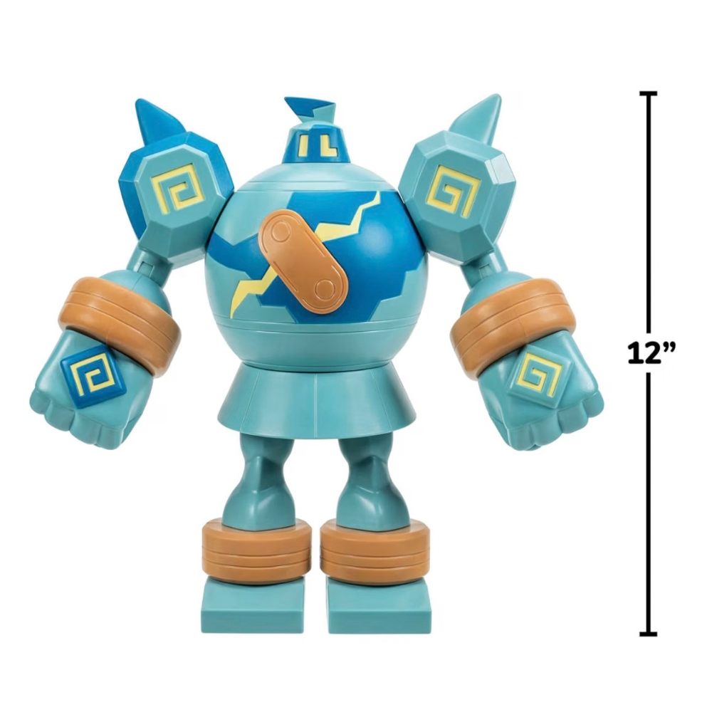 A toy robot figure in light blue and teal with gold geometric accents and tan arm and leg bands, shown on a white background with a vertical 12-inch height measurement line on the right.