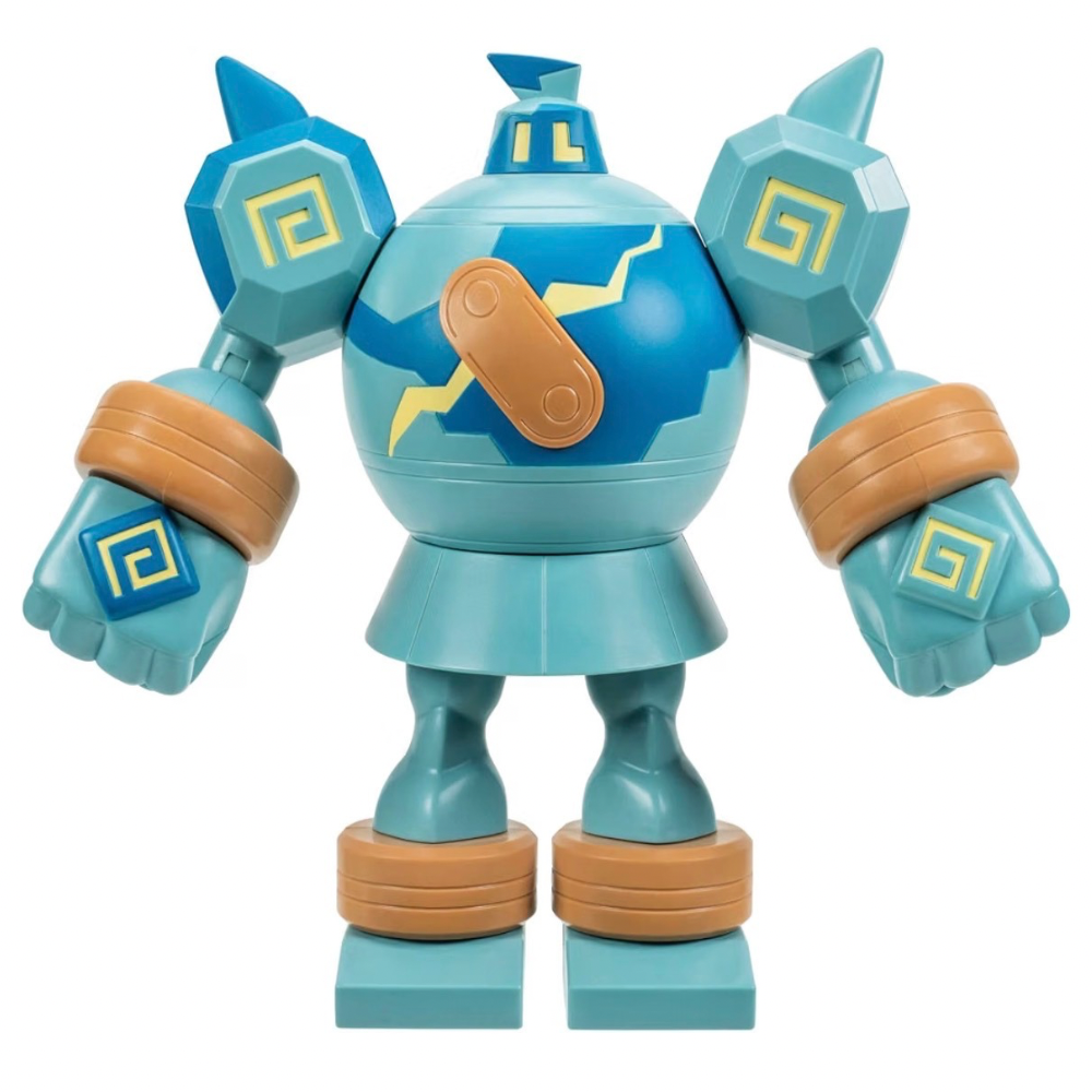 A toy robot figure in light blue and teal with yellow geometric accents, brown wristbands, and tan circular accents on its chest and legs, shown against a plain white background.