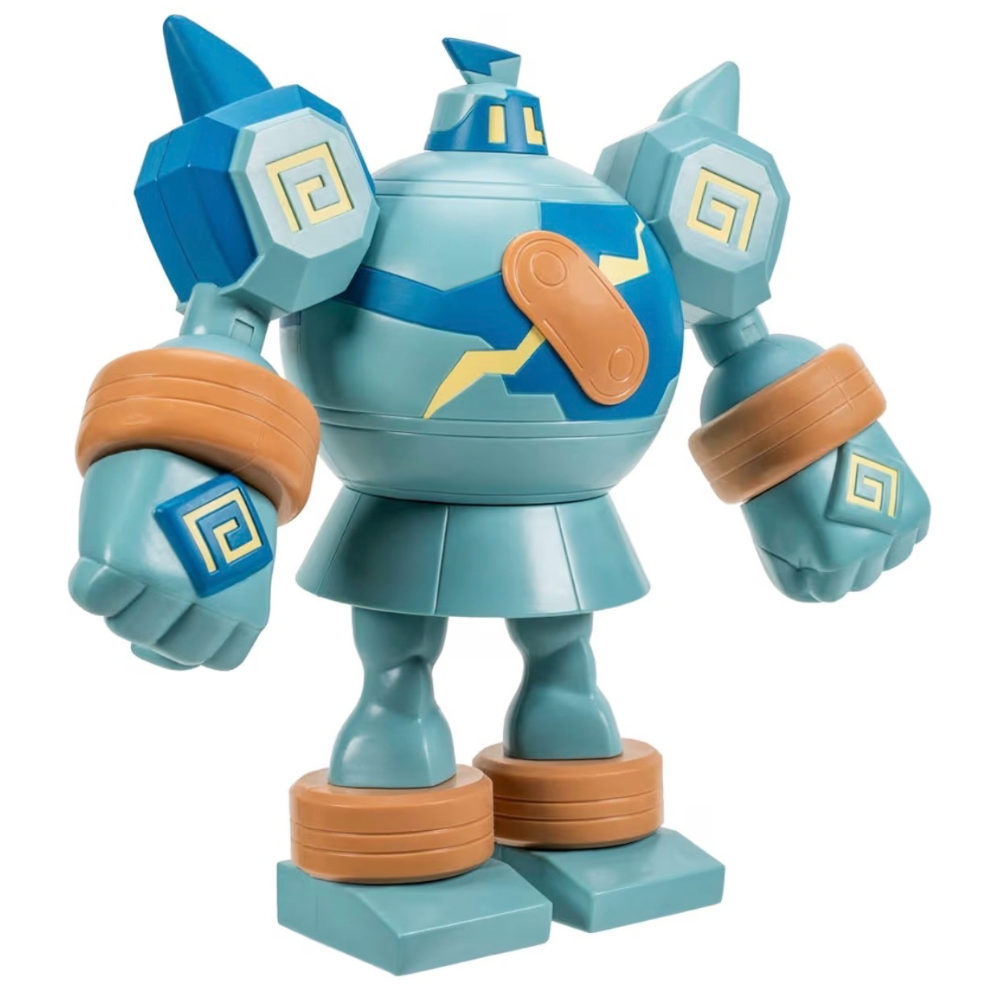 A toy figurine of a blue and teal robot or warrior character with orange-brown arm and leg bands, shown against a plain white background.
