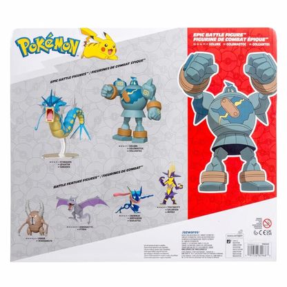Back of a Pokémon action figure box showing multiple featured figures, including a blue aquatic creature, a blue robot-like figure, a small brown creature, a blue-and-purple fighter, and a large red character on the right. The Pokémon logo is visible at the top left.