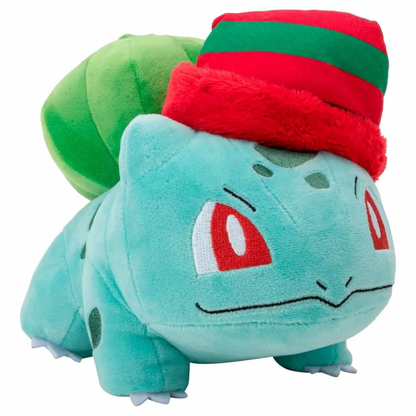 A plush toy of Bulbasaur wearing a red and green striped knit hat, isolated on a white background.