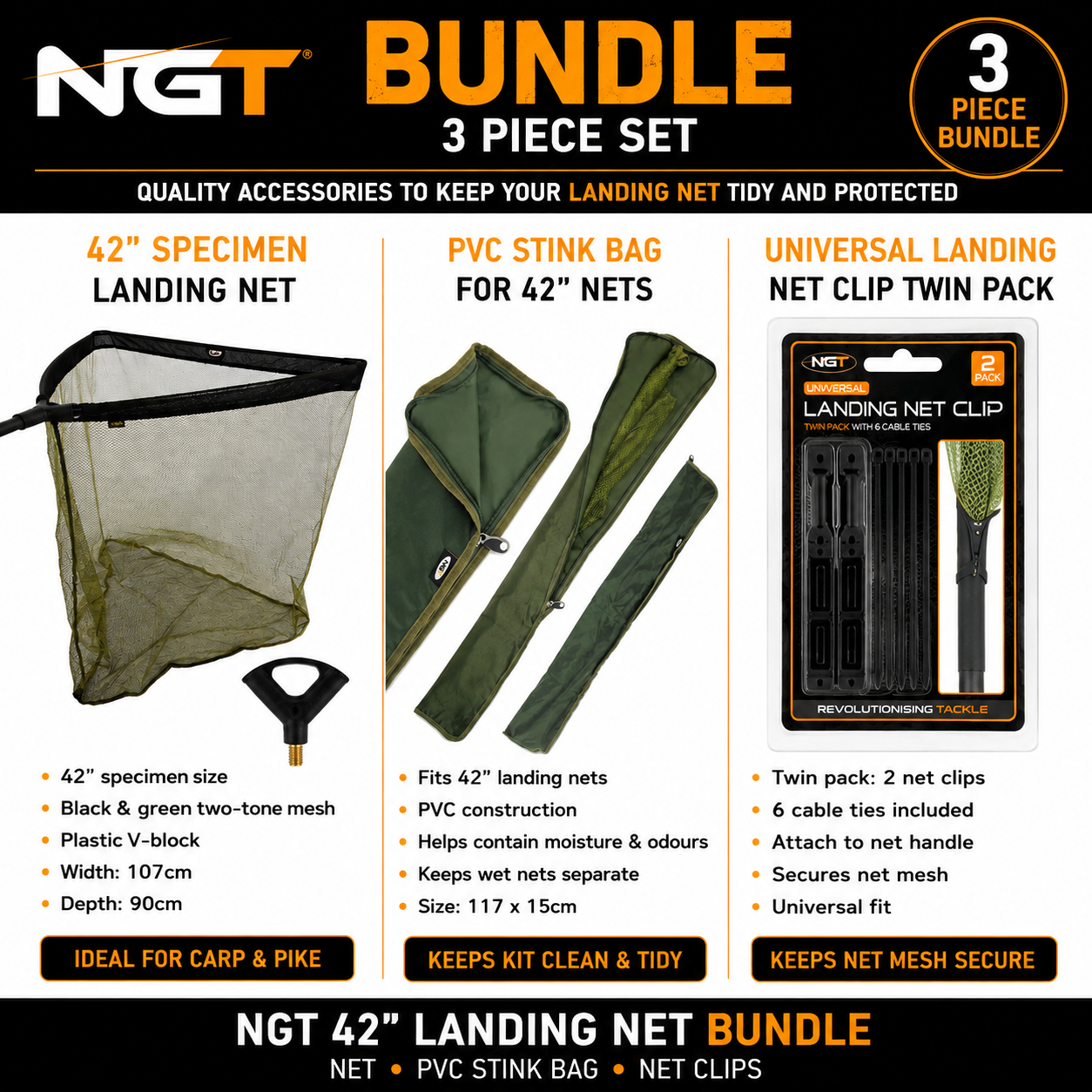 NGT 42" Carp Pike Landing Net Bundle PVC Stink Bag Net Clips Specimen Fishing