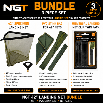 NGT 42-inch landing net bundle set featuring a black and green two-tone mesh landing net, an olive green PVC stink bag, and a black and green universal landing net clip twin pack, presented on a dark graphic background with product details and specifications.