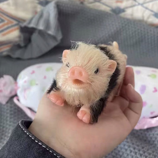Silicone 5" Black & White Haired Playful Piglet